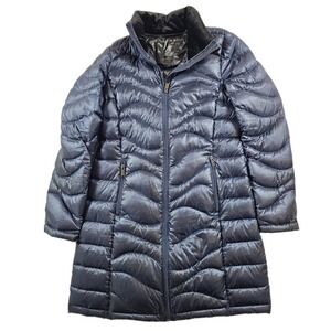Andrew Marc Down Puffer Coat Womens Small Navy Blue Packable Quilted Long Jacket